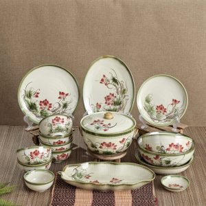Set Bát Đĩa Men Cổ Sen Đỏ 01